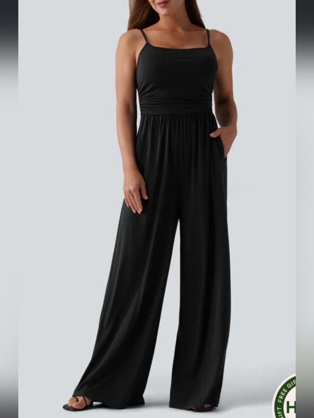 Kaileigh Black Spaghetti-Strap Wide-Leg Jumpsuit